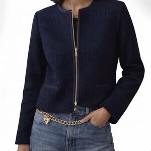 Hugo Boss Dark Blue Textured Zip Jacket Gold Hardware US 4 EU 36